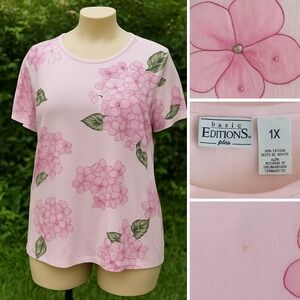 Basic Editions Plus 1X Pink Floral Hydrangea Tee Sequin Accent Momcore Softgirl